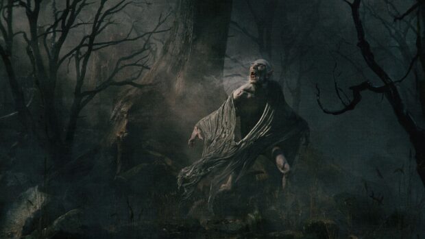 A ghastly creature in gothic art surrounded by dark twisted trees in a foggy forest