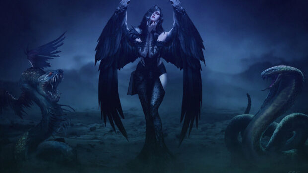 A gothic art figure with dark wings stands between two fierce serpents in a mystical setting