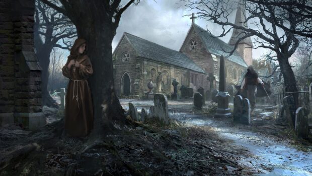 A gothic art scene with a monk and a cloaked figure in a graveyard near an old stone church