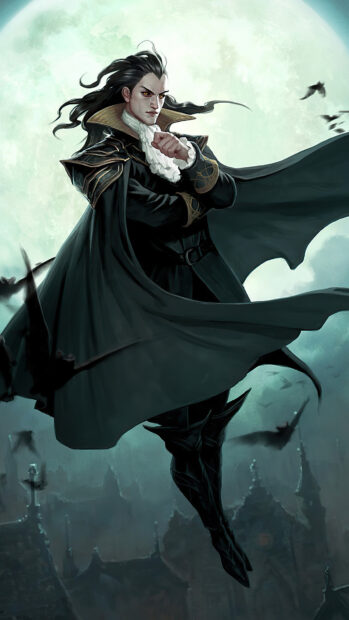A dark gothic character with flowing cape stands above a misty cityscape under a full moon