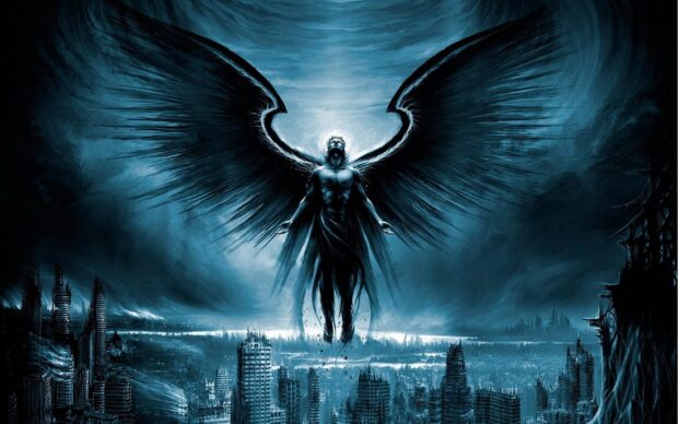 Dark angel figure with large wings flying over a gothic cityscape at night