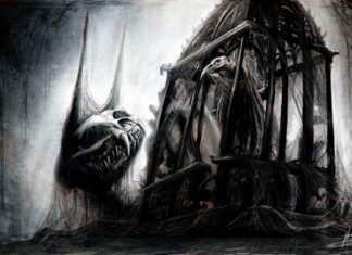 Dark gothic art featuring a monstrous skull and a skeletal bird trapped in a cage