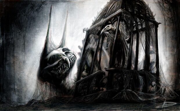 Dark gothic art featuring a monstrous skull and a skeletal bird trapped in a cage