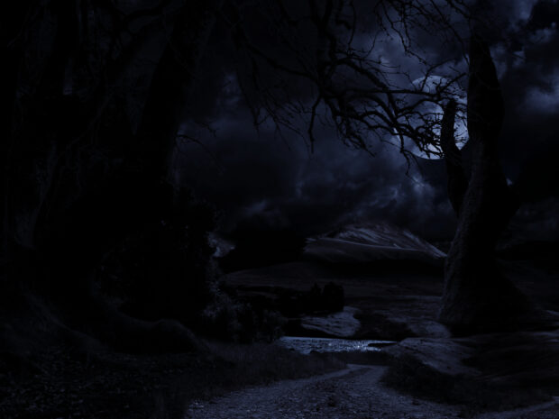 Dark gothic art scene with twisted trees and cloudy night sky over a winding path