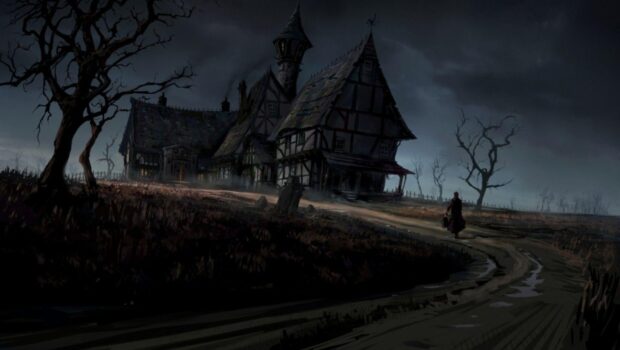 A gothic art scene showing a dark eerie house surrounded by barren trees and a solitary figure walking on a path