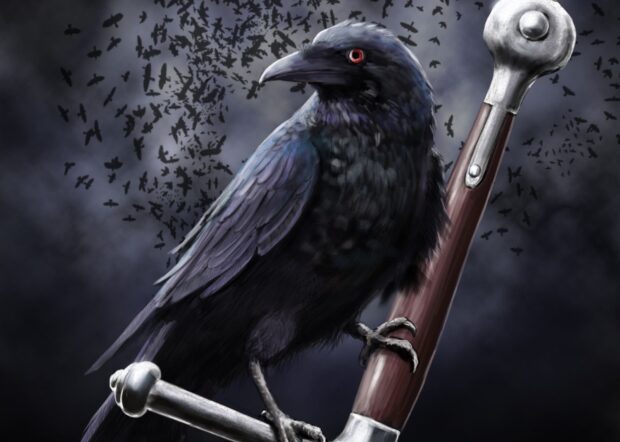 A gothic crow perched on a metal sword handle surrounded by flying birds in gothic art style