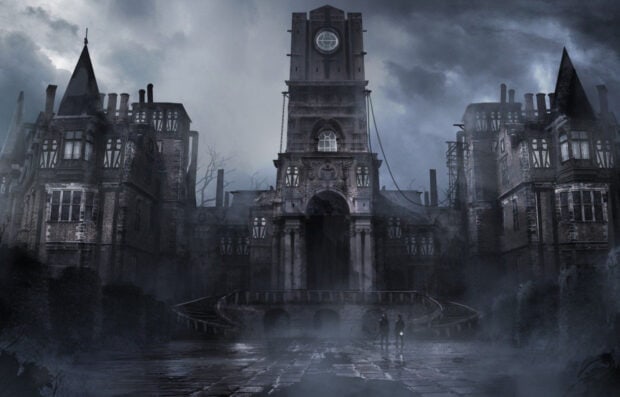 A dark Gothic architecture building with a clock tower in a foggy atmosphere