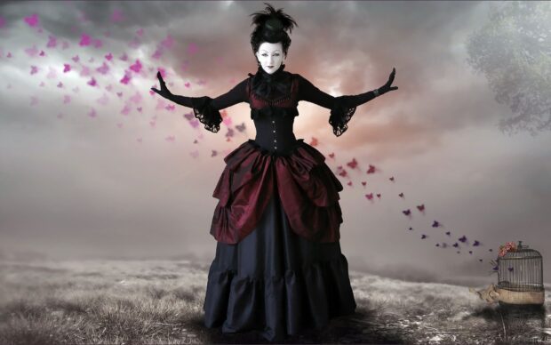 A gothic woman wearing a dark Victorian dress surrounded by flying purple butterflies