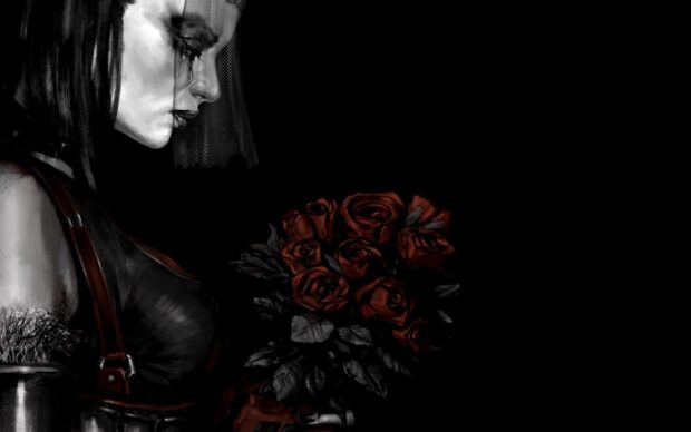 A gothic woman with dark makeup holding a bouquet of red roses in a dramatic scene