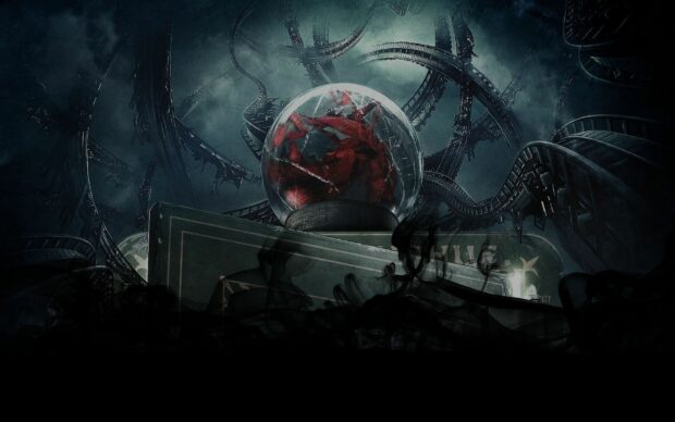 A surreal dark gothic art scene with twisted rail tracks and a glass orb containing a red heart