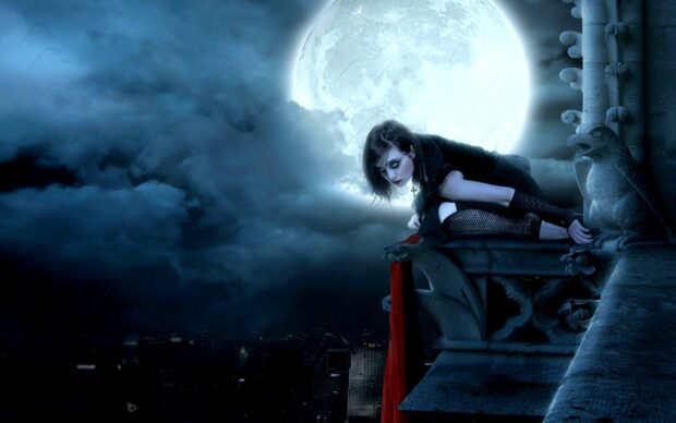 A gothic art figure crouching on a rooftop under a full moon with dark clouds in the sky