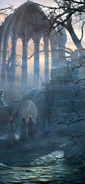 Hooded figures in gothic ruins with stone arches and misty atmosphere