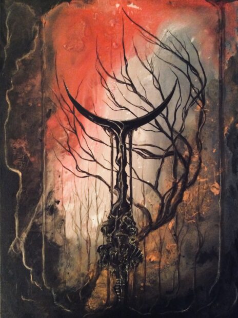 Dark gothic art featuring a surreal gothic tree with twisted branches in a haunting atmosphere