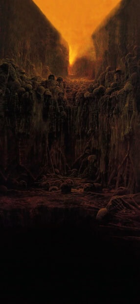 A dark gothic art scene depicting a crowd of skeletons in a fiery canyon