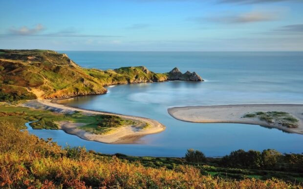 Scenic view of Gower Peninsula coastline with lush greenery and calm ocean water