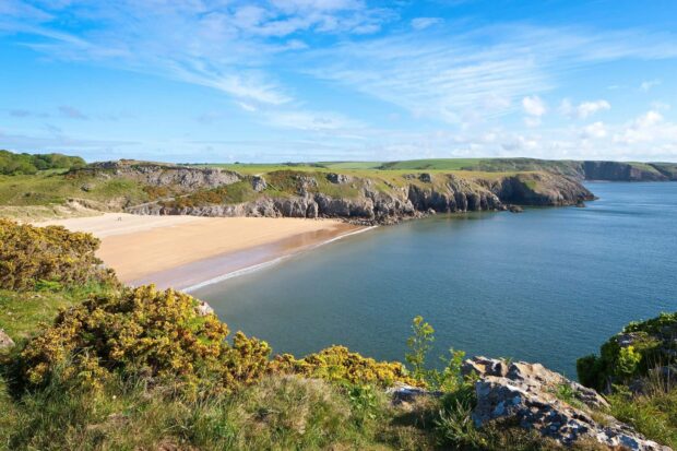 A scenic view of the coastline on Gower Peninsula with sandy beach and green cliffs