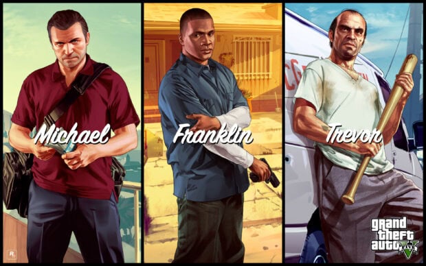 Michael Franklin and Trevor from Grand Theft Auto 5 standing with weapons and money in a stylized 2K artwork
