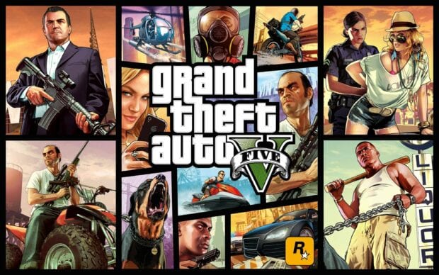 The Grand Theft Auto 5 main characters and action scenes in an illustrated comic style