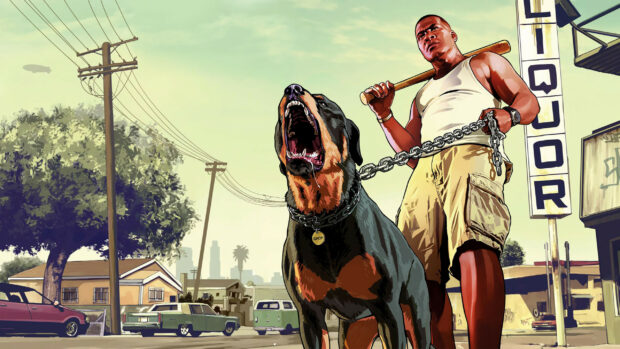 Franklin with his dog Chop from Grand Theft Auto 5 standing on a street holding a baseball bat and leash