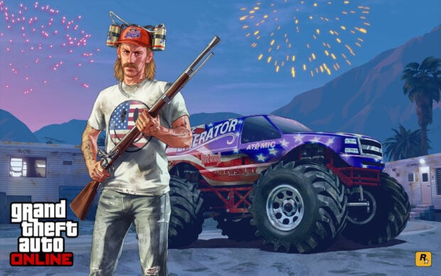 A Grand Theft Auto 5 character holding a rifle stands near a patriotic monster truck with fireworks in the background
