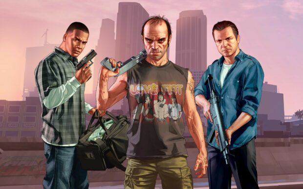 Three main characters from Grand Theft Auto 5 holding weapons in an urban setting