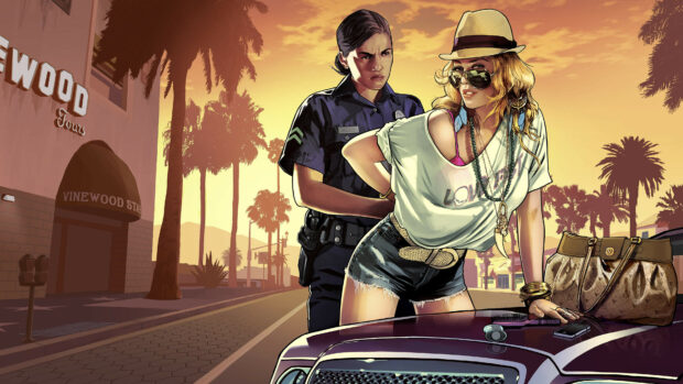 A police officer is arresting a woman in Grand Theft Auto 5 game scene at sunset