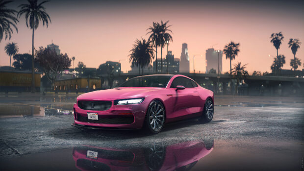 A sleek pink Grand Theft Auto 5 car parked with city skyline and palm trees at sunset