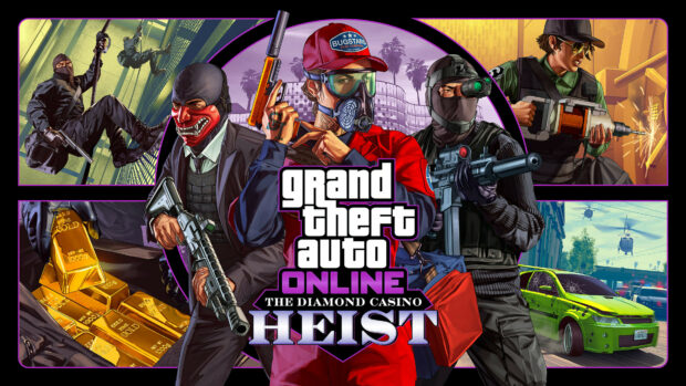 Characters from Grand Theft Auto 5 preparing for a high stakes casino heist with weapons and gold bars