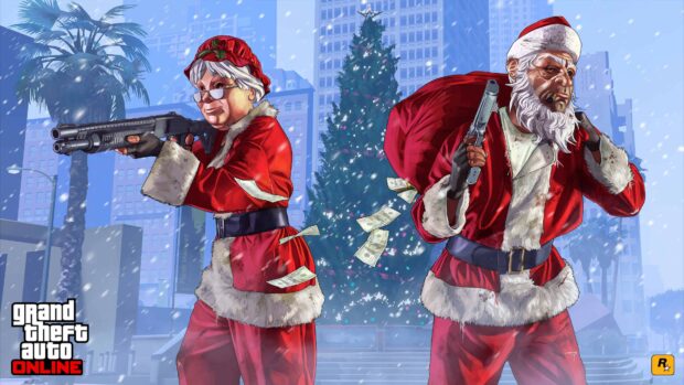 Characters in Grand Theft Auto 5 dressed as Santa Claus holding weapons in a snowy city scene