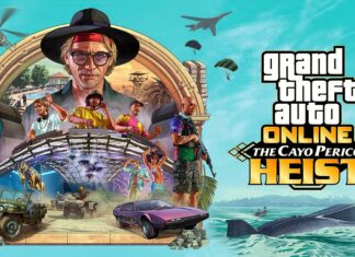Grand Theft Auto 5 characters and vehicles from the Cayo Perico heist surrounded by ocean and sky