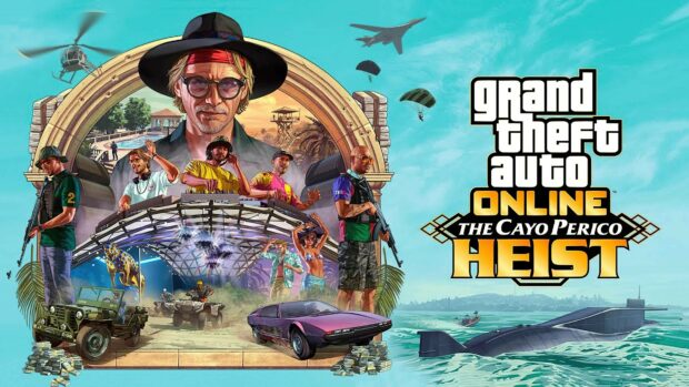 Grand Theft Auto 5 characters and vehicles from the Cayo Perico heist surrounded by ocean and sky