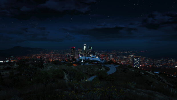 Nighttime cityscape with Grand Theft Auto 5 landmark and illuminated downtown skyline on hills