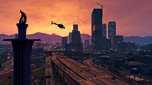 Sunset cityscape with helicopter flying over highway in Grand Theft Auto 5