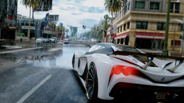 White sports car driving in rainy city streets of Los Santos from Grand Theft Auto 5