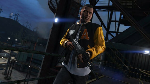 A character from Grand Theft Auto 5 holding a gun on an industrial platform at night