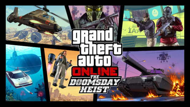 A collage of Grand Theft Auto 5 characters and vehicles highlighting the doomsday heist theme