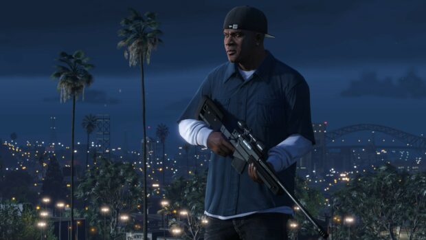 A Grand Theft Auto 5 character holding a sniper rifle in a nighttime cityscape with palm trees