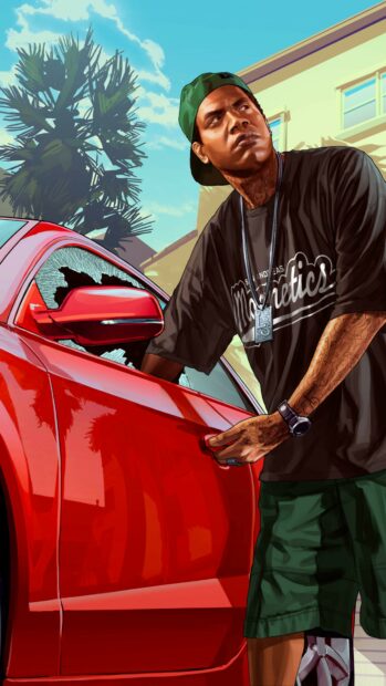 A man with tattoos and a green cap opening a red car door in Grand Theft Auto 5