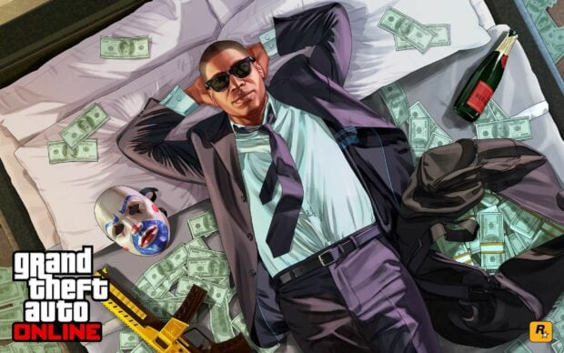 A man in a suit relaxing surrounded by cash and a mask in Grand Theft Auto 5