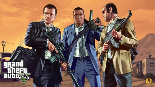 The main characters of Grand Theft Auto 5 holding weapons in a sunset scene