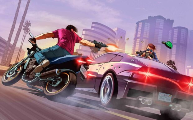 A Grand Theft Auto 5 character on a motorcycle firing at a shooter in a speeding car in a cityscape