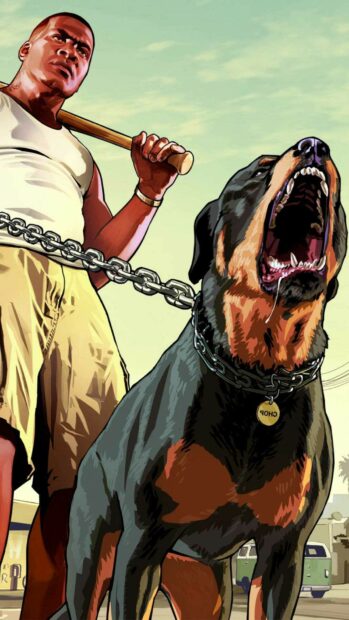 Franklin holding a bat with a snarling dog in a Grand Theft Auto 5 scene