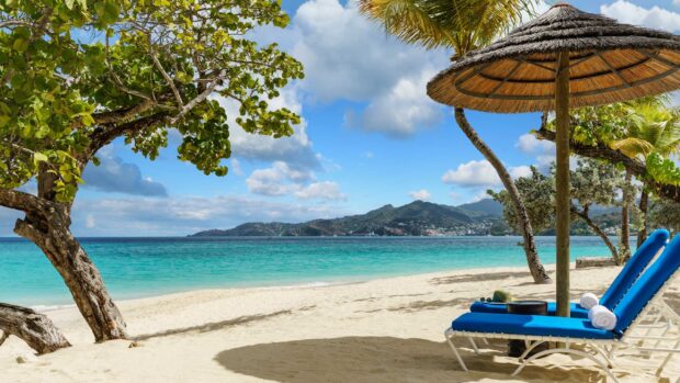 Tropical beach with turquoise sea and lounge chairs on sandy shore in Grenada