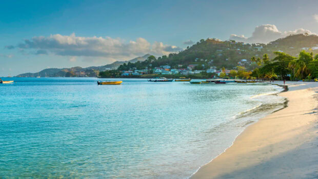 A peaceful Grenada coastal town with boats and clear blue water near the sandy shore
