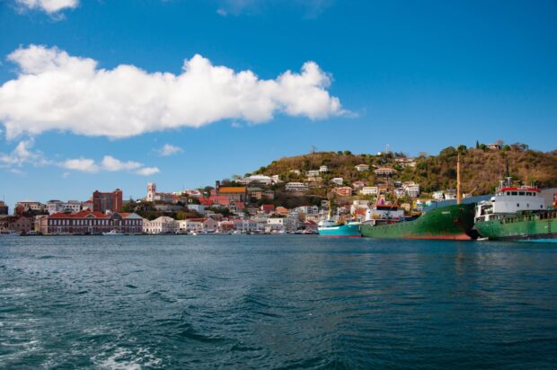 Coastal town of Grenada with ships docked by the hillside and clear sky