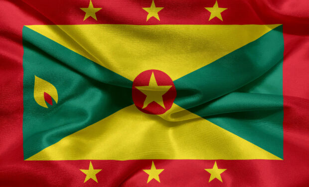 The flag of Grenada with red green and yellow colors displayed on fabric texture