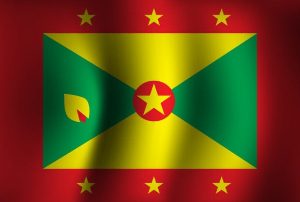 Waving Grenada flag with green yellow and red colors and a star in the center