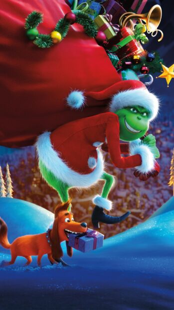 The Grinch carrying a large red sack of gifts while a dog holds a present in its mouth on snow