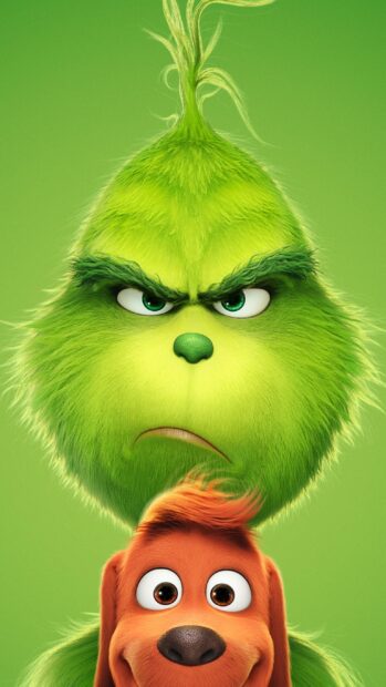 The Grinch character with a funny dog on a green background featuring detailed fur and bright eyes