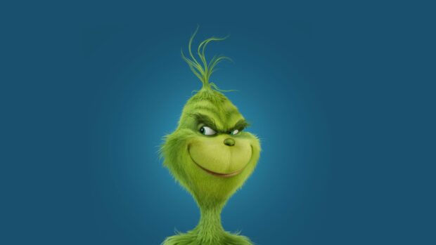 The Grinch character with a sly smile on a blue background in high detail